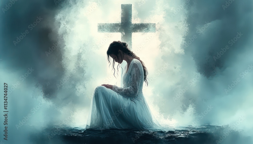 Woman in White Dress Kneeling in Prayer Before Cross in Sky Woman in White Dress Kneeling in Prayer Before Cross in Sky
