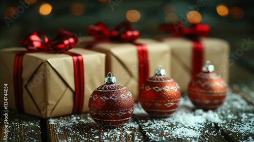 Holiday Gifts and Christmas Red Balls with Copy Space on Green Background