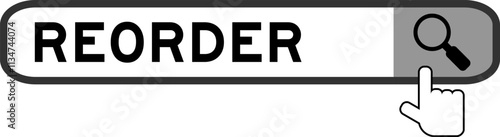 Search banner in word reorder with hand over magnifier icon on white background