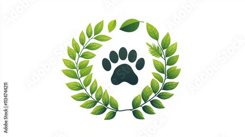 logo features playful design green leaves surrounding paw print emphasizing sustainability in pet care. It conveys fun approach eco friendly pet products. photo