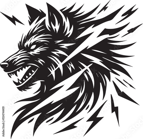 A roaring wolf head with streaks of lightning vector silhouette black