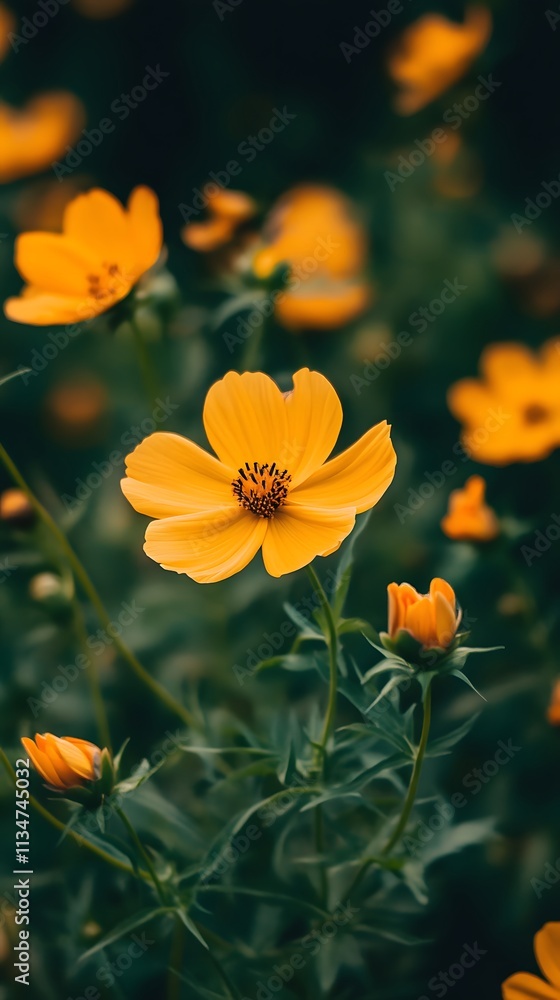 Beautiful yellow cosmos flower in full bloom against clear backdrop. Beautiful yellow cosmos flower in full bloom against clear backdrop.