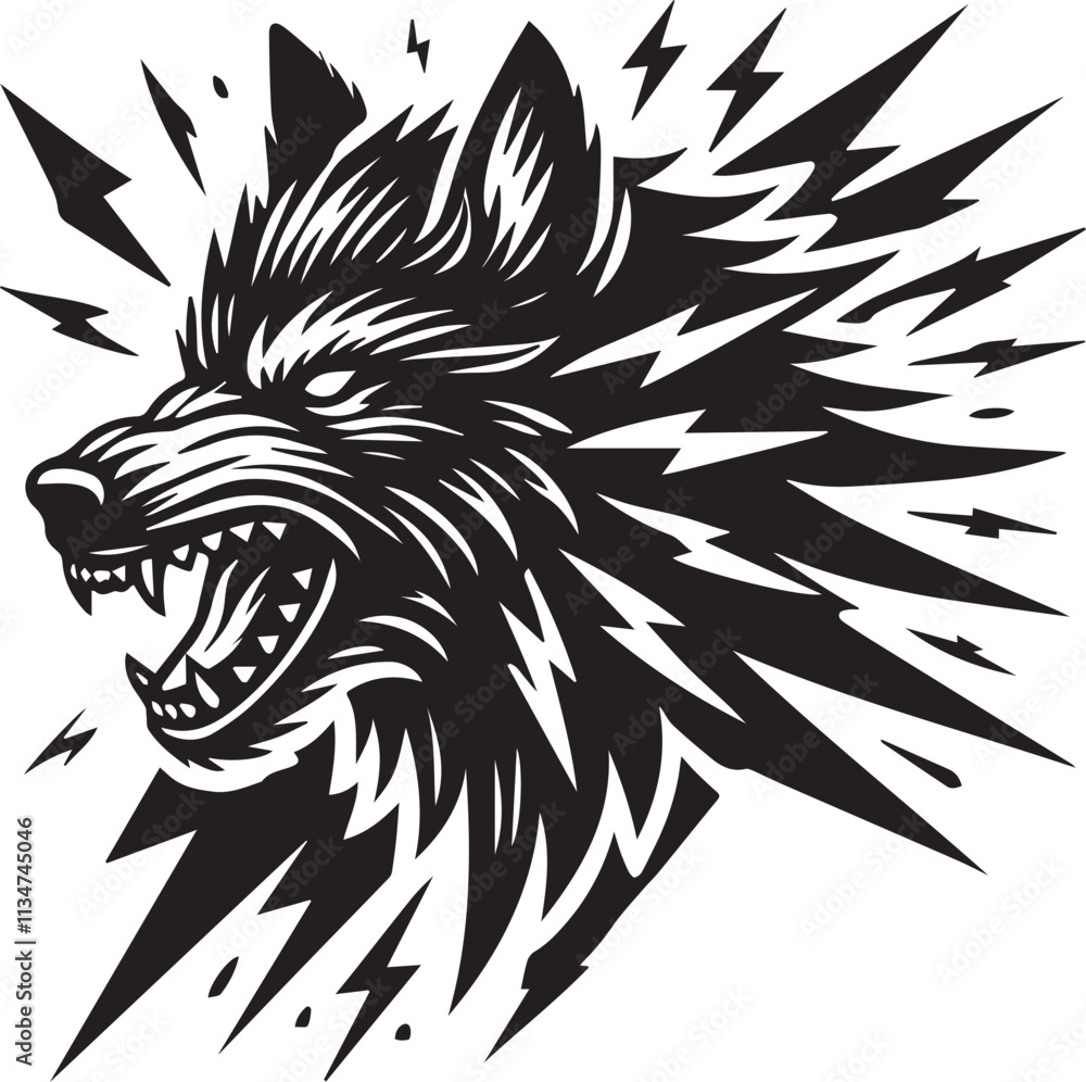 A roaring wolf head with streaks of lightning vector silhouette black A roaring wolf head with streaks of lightning vector silhouette black