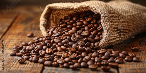 Beans spill from a burlap sack onto a wooden surface in a rustic setting