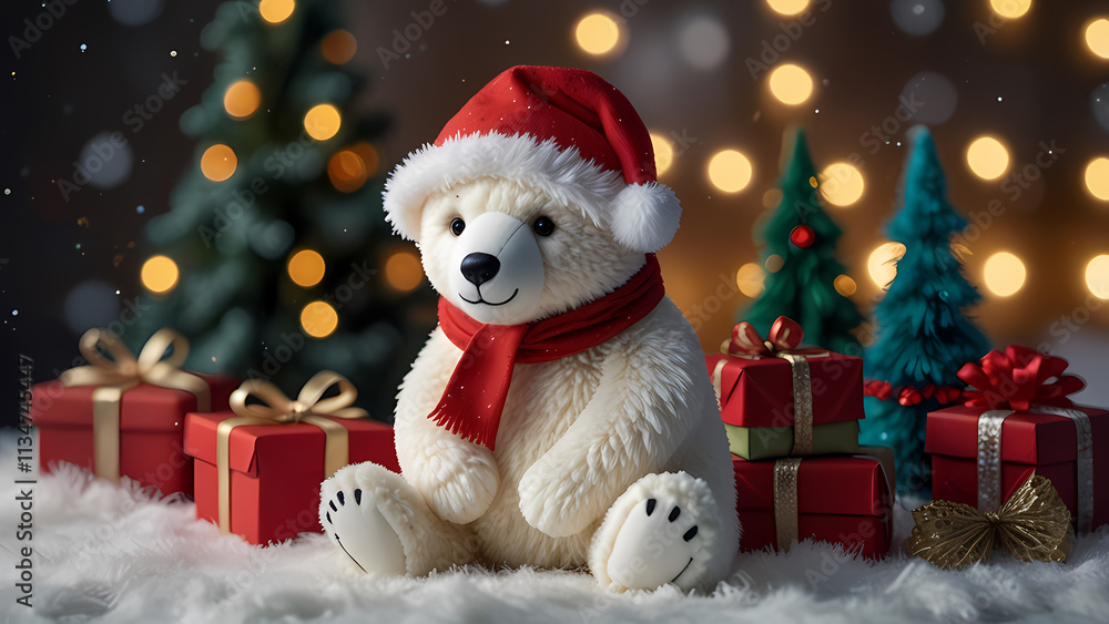 Cute Polar bears Dolls Using Christmas Attributes with a background filled with wrapped gifts Cute Polar bears Dolls Using Christmas Attributes with a background filled with wrapped gifts