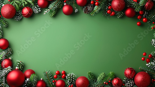 Holiday Gifts and Christmas Red Balls with Copy Space on Green Background