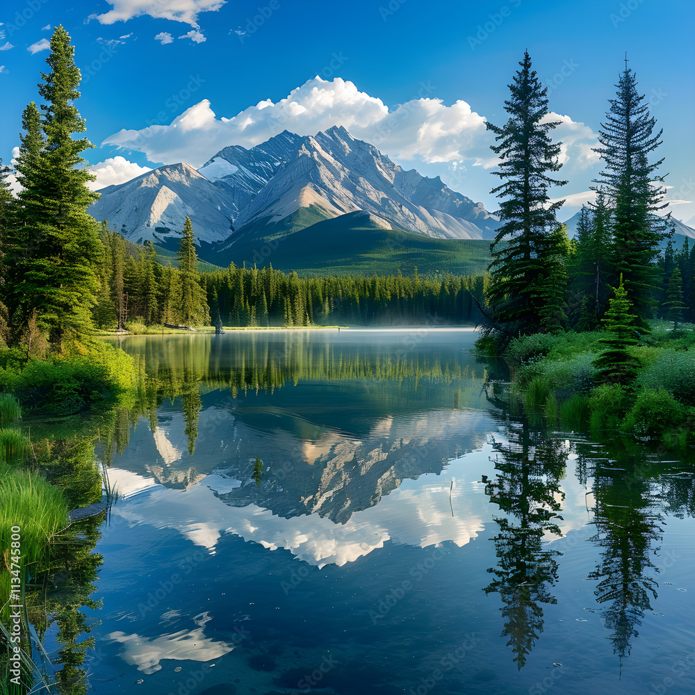 Naklejka premium Serenity in Nature: Pristine Mountain Lake with Reflective Waters Surrounded by Lush Pine Trees and Snow-Capped Peaks