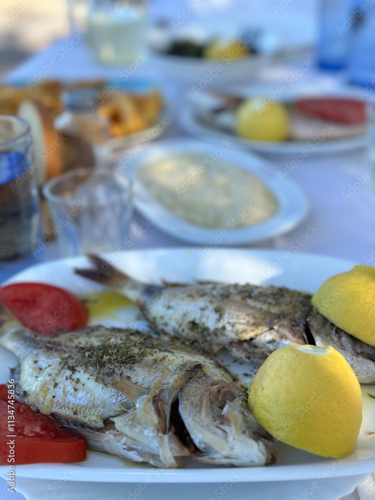 Fresh fish in seaside taverna in Greece Fresh fish in seaside taverna in Greece