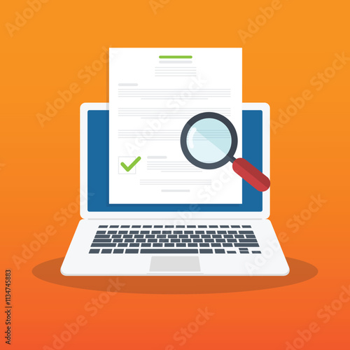 PrinOnline digital document inspection or assessment evaluation on laptop computer, contract review, analysis, inspection of agreement contract, compliance verification. Vector illustration	t