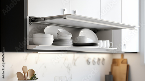 Modern overhead kitchen cabinet with pull-down shelf system for plates, bowls, and mugs. White metal shelving with non-slip surfaces and matte white finish, offering easy access and ergonomic design.