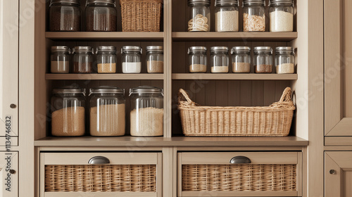 Wallpaper Mural Tall pantry cabinet with wicker baskets for larger items and glass jars for dry goods, labeled in minimalist font. Adjustable shelves, pull-out tray, and a warm, inviting design with natural textures. Torontodigital.ca