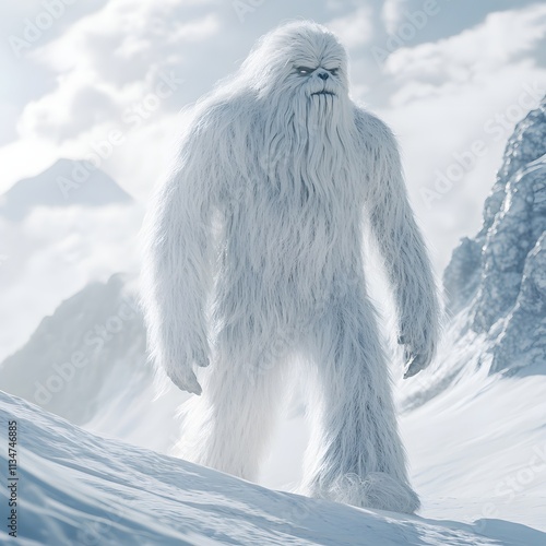 The legendary Yeti trekking across a snow-filled mountain range.