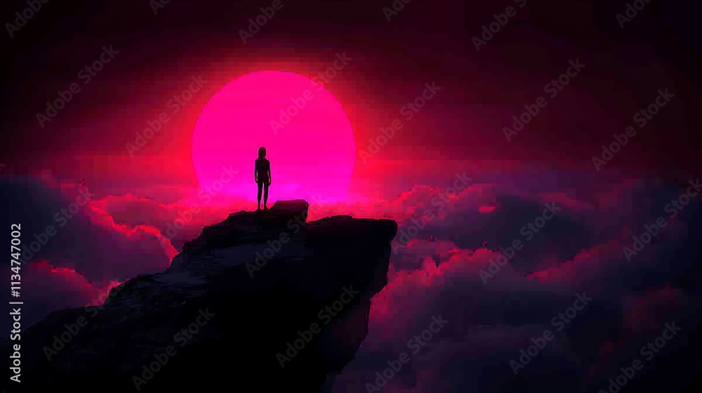 Fototapeta premium Silhouette of a woman on a clifftop at sunset, red sky, clouds.