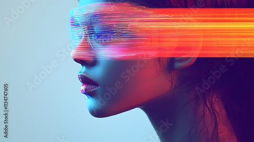 Woman's profile with vibrant light streaks across her face, suggesting futuristic technology or virtual reality.