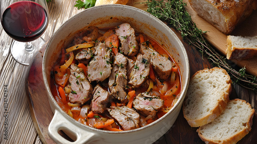Traditional Maltese Fenkata rabbit stew in a rustic bowl, with tender meat in a rich tomato-wine sauce, served with bread, wine, and fresh herbs in a cozy kitchen