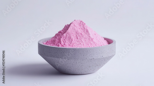 A vibrant, pastel pink powder in a geometric matte grey bowl, set against a pristine white background