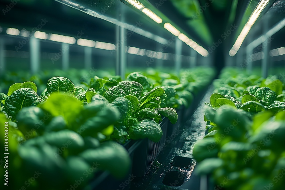 Fresh greens growing under LED lights in urban garden setup Fresh greens growing under LED lights in urban garden setup