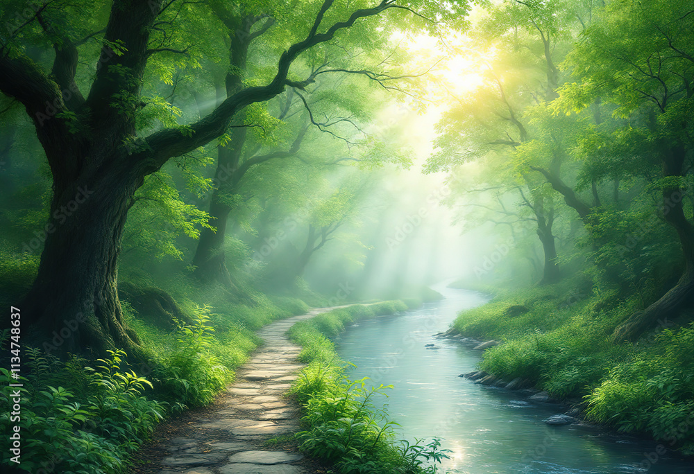Fototapeta premium Enchanting Forest Path, Sunlight Streams Through Lush Trees