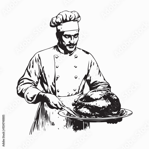 Elegant Male Chef Presenting a Perfectly Cooked Roast Turkey or Chicken, Vector Illustration of Excellence