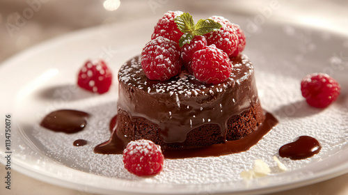 A decadent chocolate dessert topped with raspberries and mint.