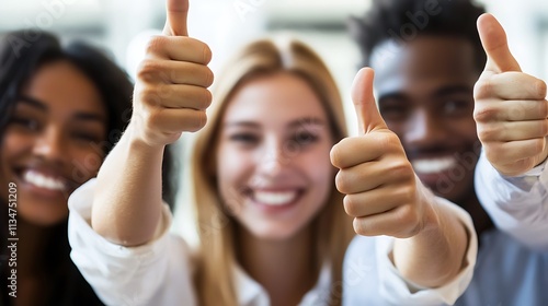 Overjoyed diverse employees showing thumbs up, recommend good company service 