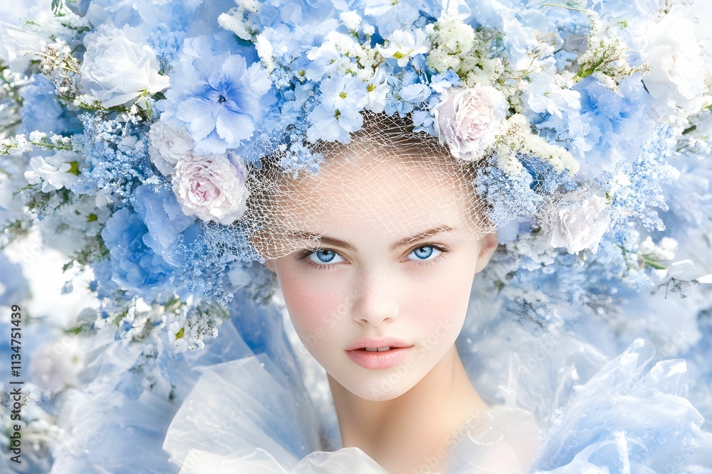 Face of spring. Young woman with striking blue eyes and delicate features wears a stunning headdress made of spring flowers. Face of spring. Young woman with striking blue eyes and delicate features wears a stunning headdress made of spring flowers.