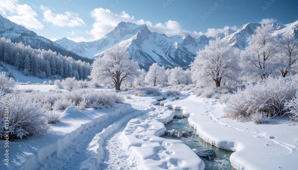 Path Through Snowy Landscape with Seeping Water | Illustrating the Start of Spring Path Through Snowy Landscape with Seeping Water | Illustrating the Start of Spring