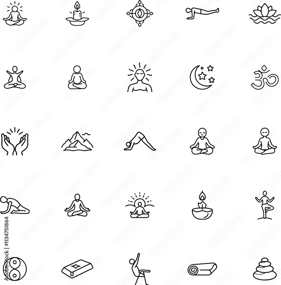Fototapeta premium Yoga, Meditation, Mindfulness, Spiritual, Wellness, Icons, Symbols, Asanas, Serenity, Peace