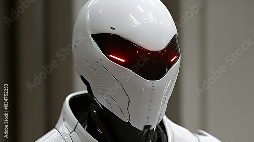 Close-up of a futuristic white robot helmet with red lights. photo