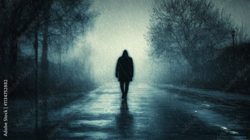 Rainy Day Introspection: Melancholic Silhouette Walking Rainy Day Introspection: Melancholic Silhouette Walking
