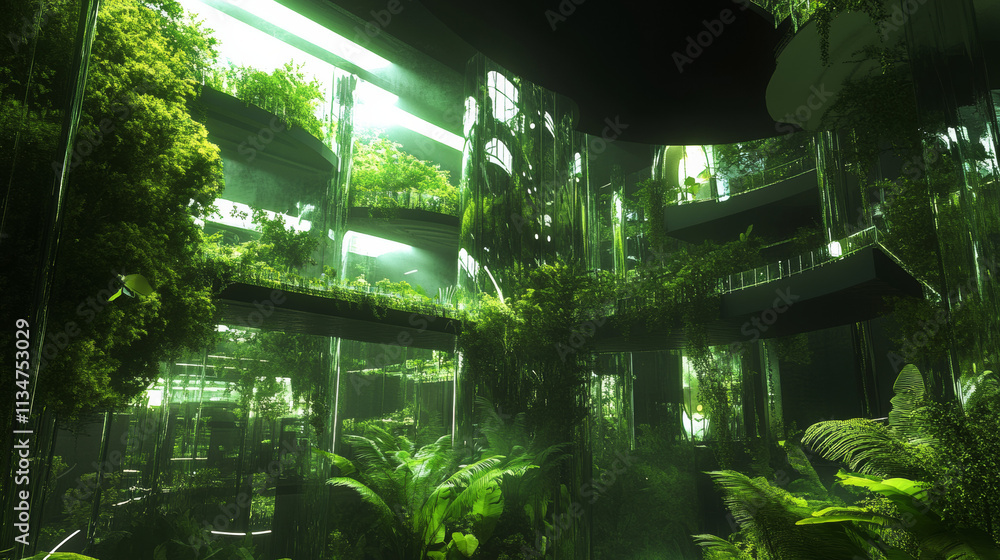 Obraz premium Eco-City Landscape: Lush Greenery, Futuristic Architecture, 3D Rendering