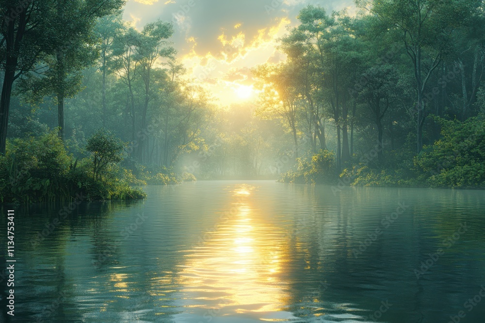 Serene Jungle Landscape at Dawn with Lush Green Trees and Calm River Reflections Serene Jungle Landscape at Dawn with Lush Green Trees and Calm River Reflections