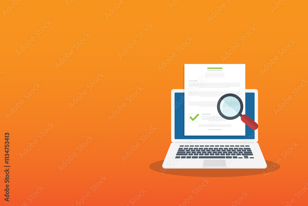 Online digital document inspection or assessment evaluation on laptop computer, contract review, analysis, inspection of agreement contract, compliance verification. Vector illustration
Online digital document inspection or assessment evaluation on laptop computer, contract review, analysis, inspection of agreement contract, compliance verification. Vector illustration
