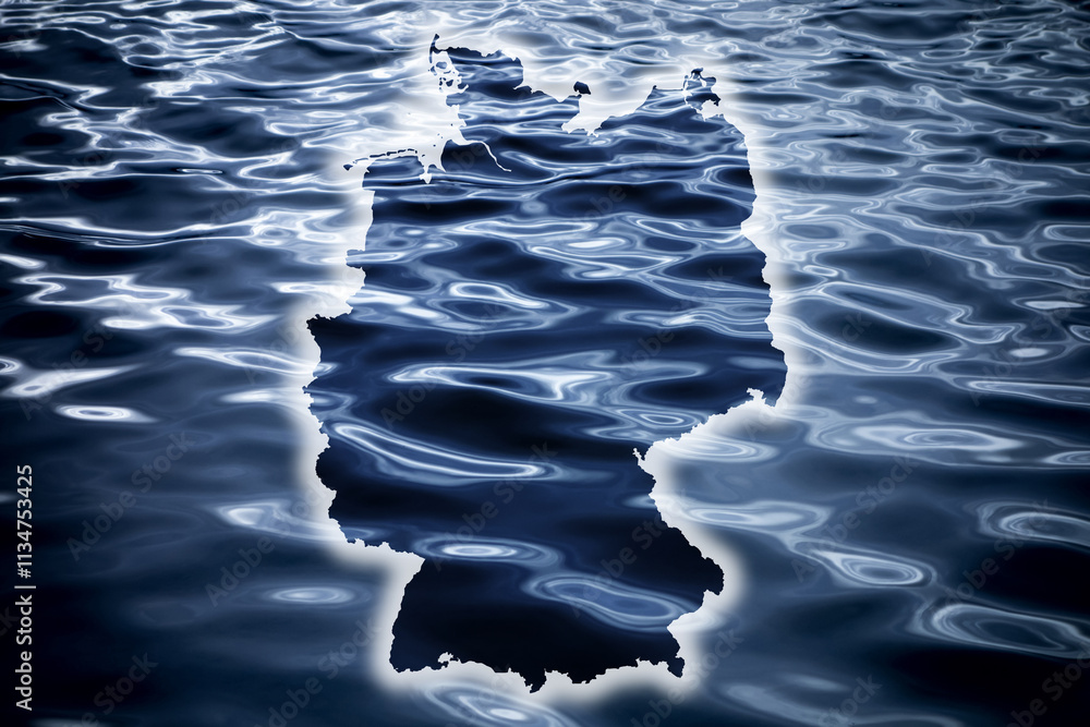 German map silhouette on water background, concept of floods or water crisis
