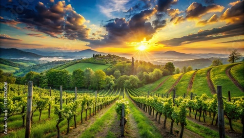 Wallpaper Mural Captivating Double Exposure Photography of Spring Sunset Over the Lush Vineyards of Collio Friulano, Showcasing Nature's Beauty and Tranquility in a Serene Landscape Torontodigital.ca