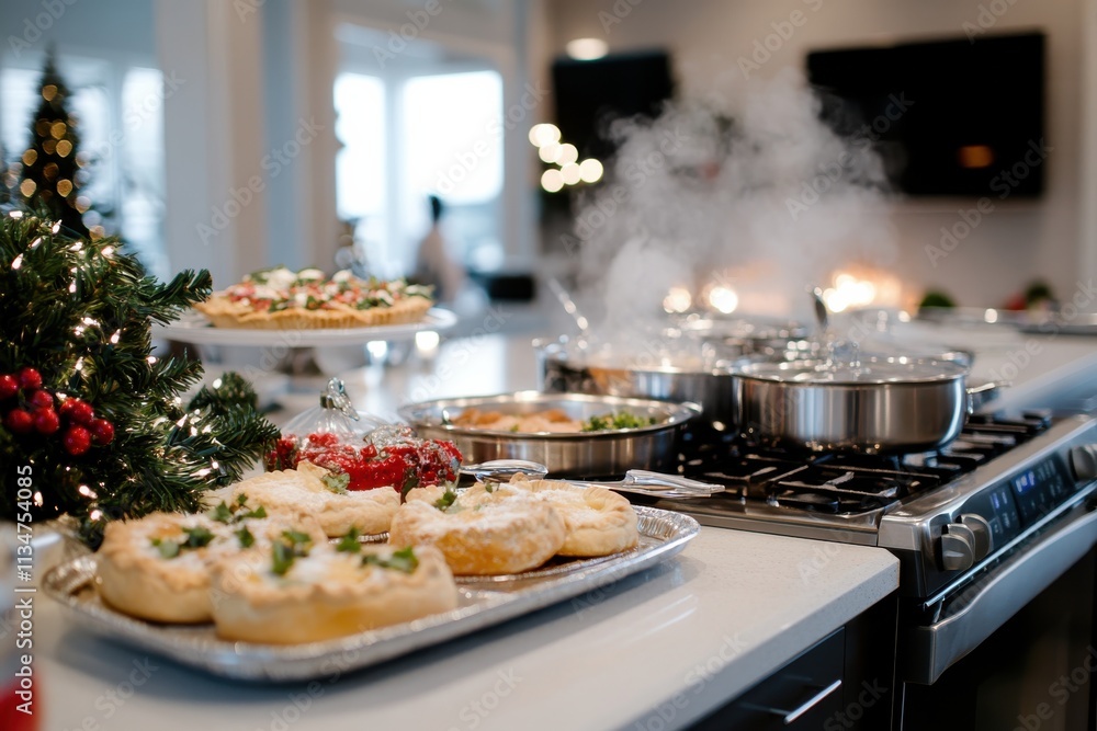 A beautifully arranged holiday meal set on a modern kitchen countertop, featuring a variety of delicious dishes, festive decorations, and an inviting atmosphere perfect for celebrating. A beautifully arranged holiday meal set on a modern kitchen countertop, featuring a variety of delicious dishes, festive decorations, and an inviting atmosphere perfect for celebrating.