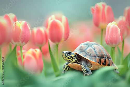 A curious turtle explores a sunny garden filled with blooming pink tulips photo