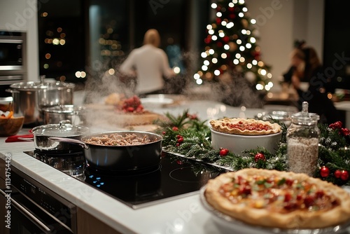 A beautifully arranged holiday kitchen scene featuring steaming pots and a selection of pies, capturing the essence of warmth and joy during festive family meals and gatherings. photo