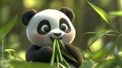 3D Cartoon Panda Eating Bamboo Wallpaper - Adorable 3D cartoon panda happily munching on bamboo.  Symbolizing peace, nature, happiness, cuteness, and the Chinese New Year. photo