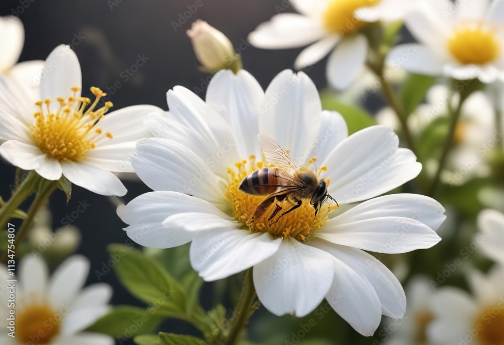 A honey bee drinking nectar from a white flower, insect photography, flower surface, floral behavior A honey bee drinking nectar from a white flower, insect photography, flower surface, floral behavior