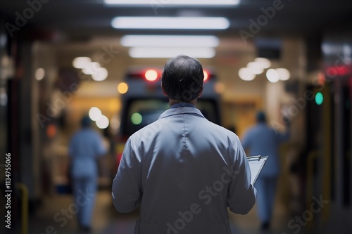 Doctor in White Coat Observing Emergency Room Scene with Ambulatory Care in Background, Highlighting Healthcare Professionalism and Dedication photo