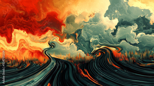 Abstract Asperatus Cloudscape: Digital Painting of Fiery and Stormy Skies photo