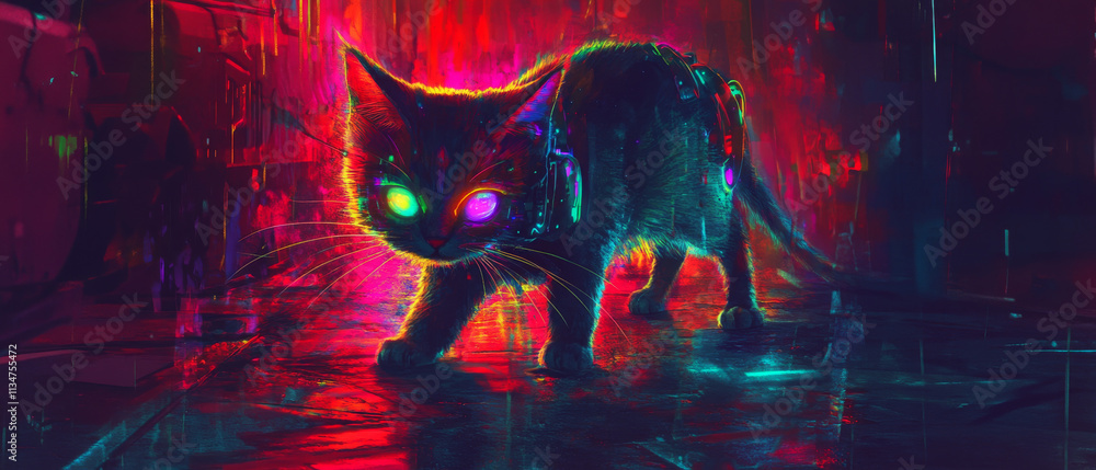 Neon Cat Cyberpunk Art: Robotic Feline in Vibrant Cityscape