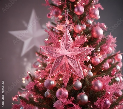 A lovely pink Christmas tree is adorned with sparkling ornaments and a beautiful star on its tip, pink ornaments, spring equinox decoration photo