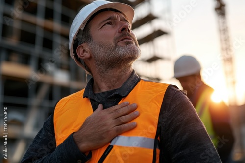 Captured at a sunset, a construction worker with a thoughtful expression clutches his chest, pondering the demands of his profession amidst a bustling construction zone. photo