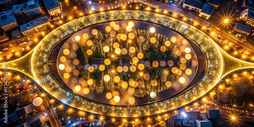 Fototapeta premium Captivating Festive Bokeh with Large Gold Ovals Against a Dark Background, Perfect for Celebrations and Holiday Themes in Stunning Drone Photography
