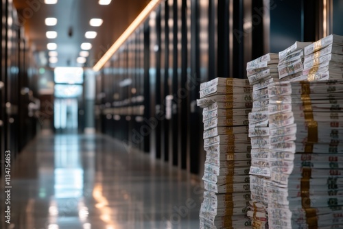 An elegantly designed display of stacked cash in a contemporary financial vault, showcasing the intersection of modern architecture and wealth management. photo