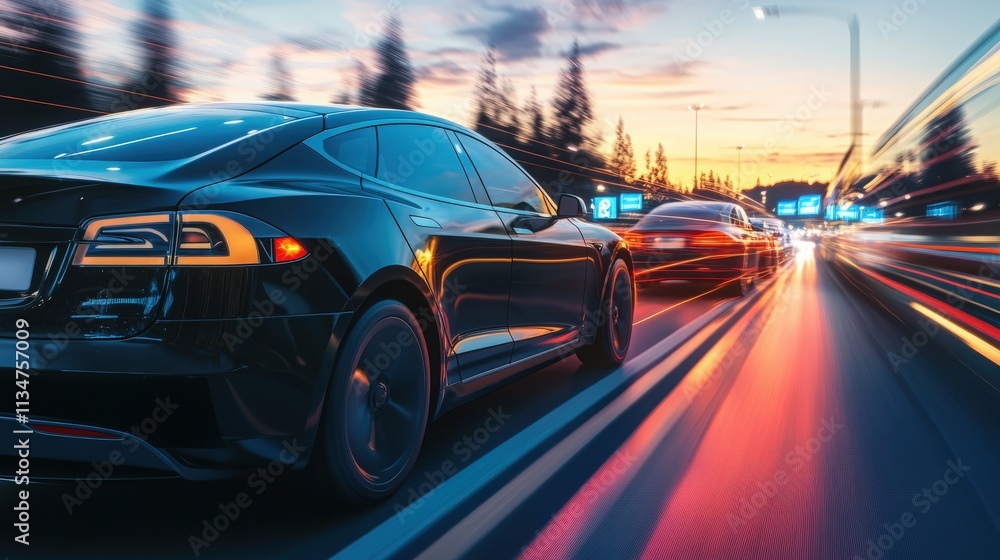 Blurred motion of electric vehicles on a busy highway during twilight, showcasing sustainable urban travel in the evening Blurred motion of electric vehicles on a busy highway during twilight, showcasing sustainable urban travel in the evening