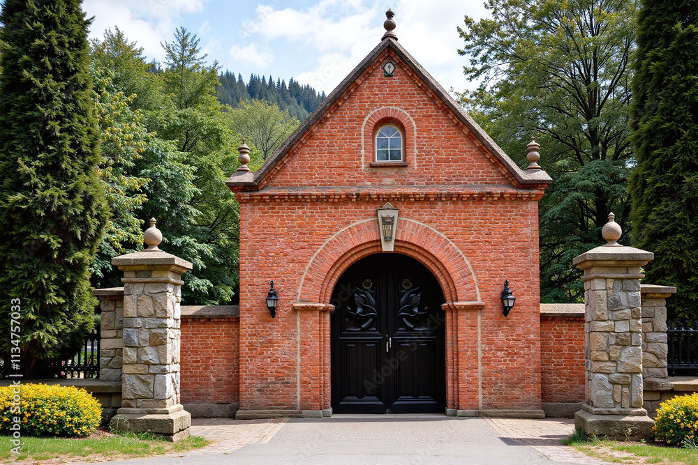 Brick entrance gate with arches and stone pillars Brick entrance gate with arches and stone pillars