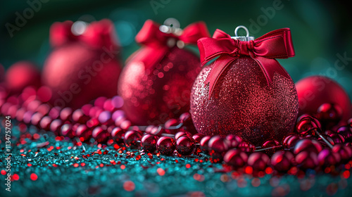 Holiday Gifts and Christmas Red Balls with Copy Space on Green Background